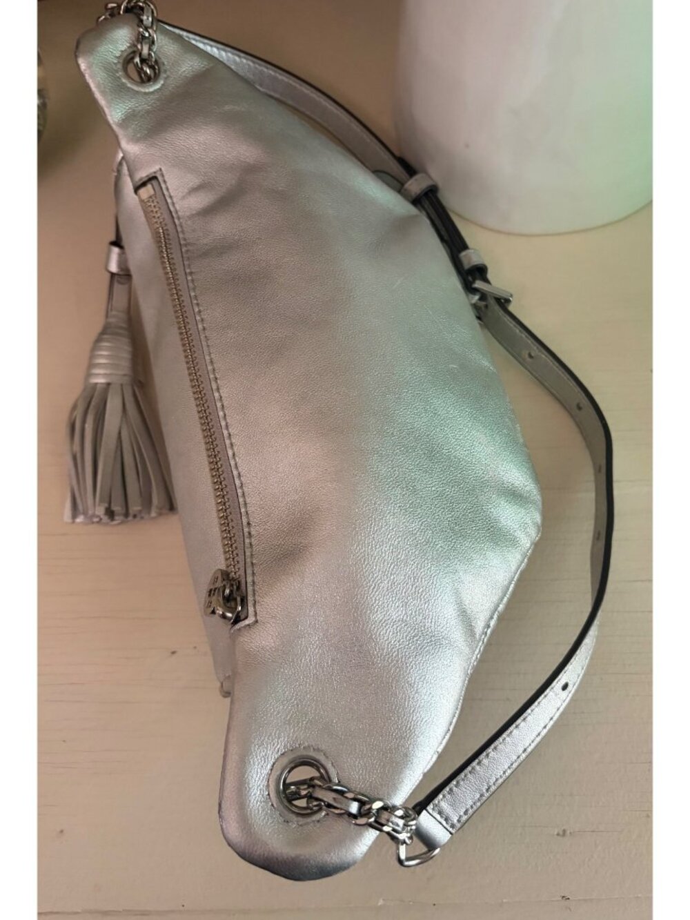 Tory Burch Fleming Soft Quilted Leather Belt Bag Metallic Silver - Picture 5 of 12